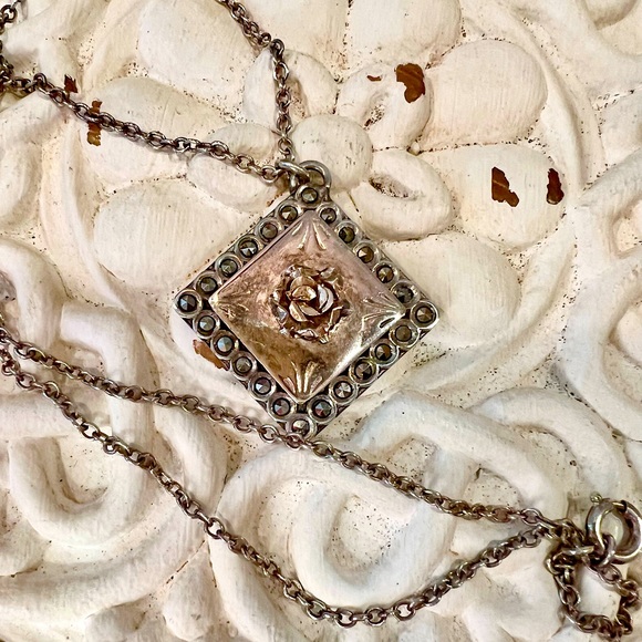 Vintage Silver Handmade 3-D Rose square pendant with Marcasite estate piece - Picture 9 of 15
